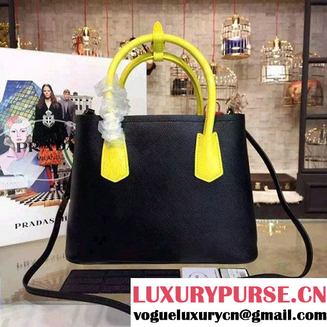 Prada 1BG887  Saffiano Two-tone Double Bag Black/Yellow 2016 (2A016-6022910 )