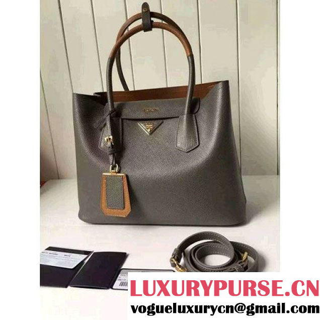 Prada Saffiano Leather Double Bag with Two-tone Handle Marble/Caramel 2016 (2A016-6051902 )