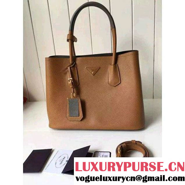 Prada Saffiano Leather Double Bag with Two-tone Handle Caramel/Marble 2016 (2A016-6051900 )
