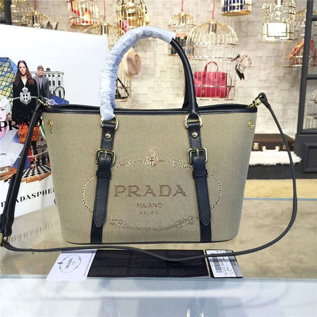 Prada Canvas Tote 30cm Bag Calfskin Leather Fall WInter 2016 Collection Black