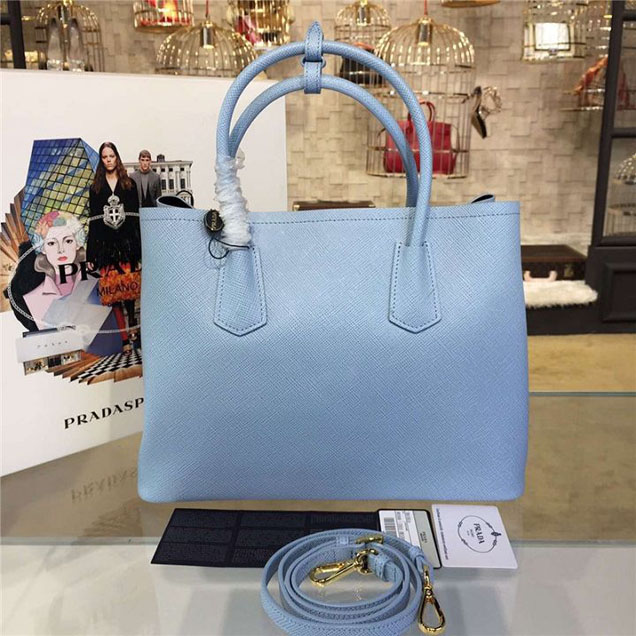 Prada Saffiano Double Handle Tote Bag 33cm Fall Winter 2016 Bag Collection Light Blue