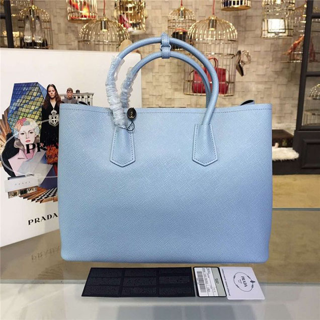 Prada Saffiano Double Handle Tote Bag 35cm Fall Winter 2016 Bag Collection Light Blue