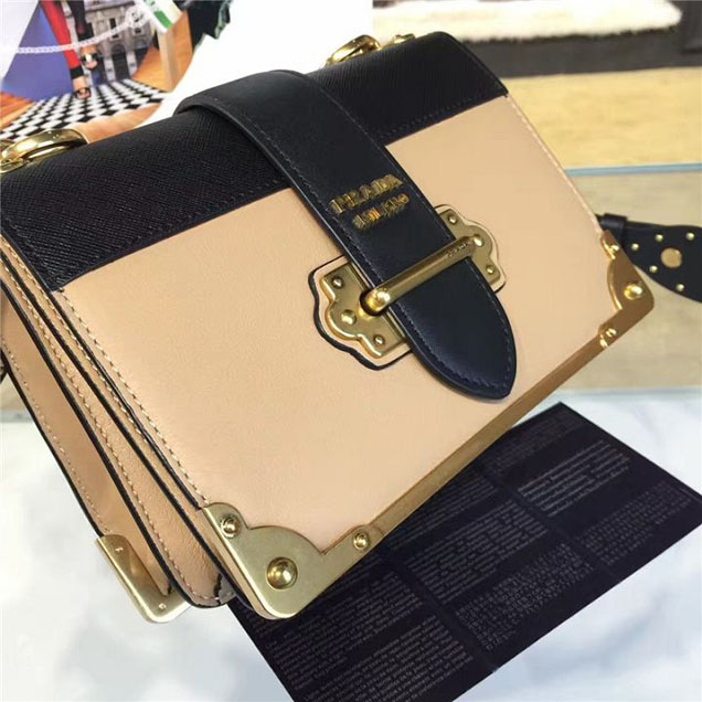 Prada Cahier Shoulder Bag Calfskin Leather 20cm Fall Winter 2016 Bag Collection Beige Black