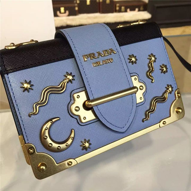 Prada Cahier Astrology Shoulder Bag Calfskin Leather 18cm Fall Winter 2016 Bag Collection Light Blue Black
