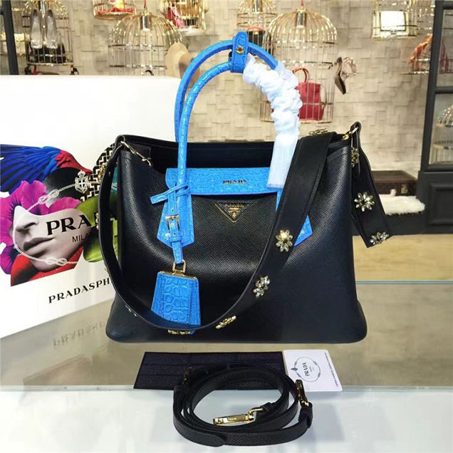 Prada Saffiano Double Handle Tote Bag with Croc Stamp 33cm Fall Winter 2016 Bag Collection Black Blue