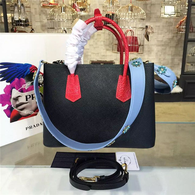 Prada Saffiano Double Handle Tote Bag with Croc Stamp 33cm Fall Winter 2016 Bag Collection Black Red