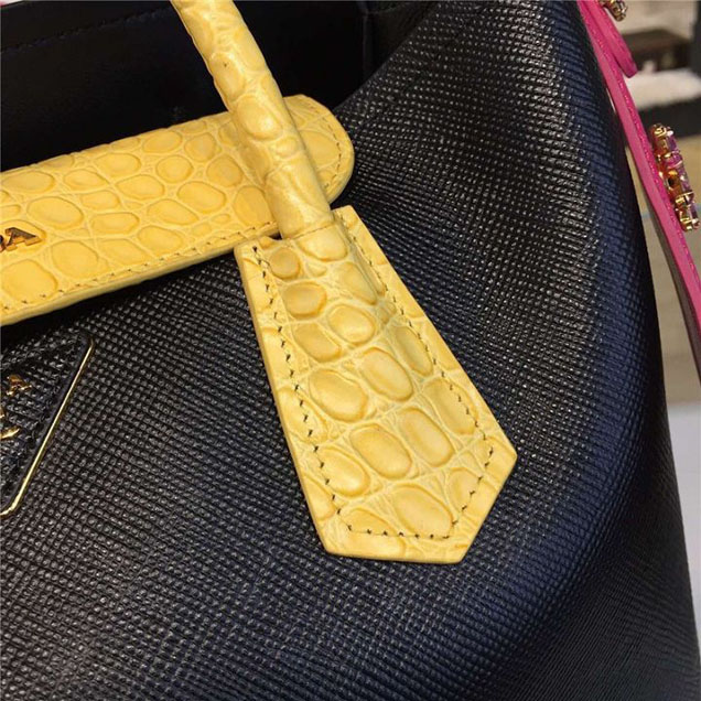 Prada Saffiano Double Handle Tote Bag with Croc Stamp 33cm Fall Winter 2016 Bag Collection Black Yellow