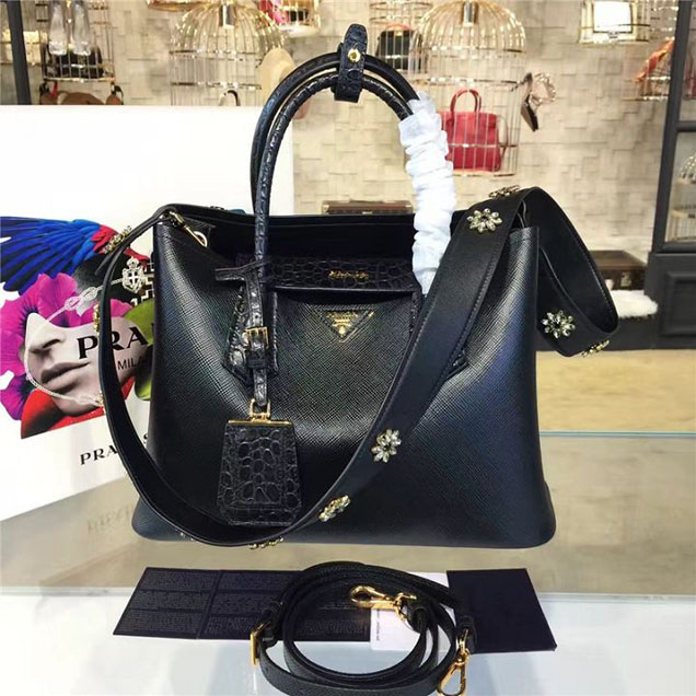 Prada Saffiano Double Handle Tote Bag with Croc Stamp 33cm Fall Winter 2016 Bag Collection Black