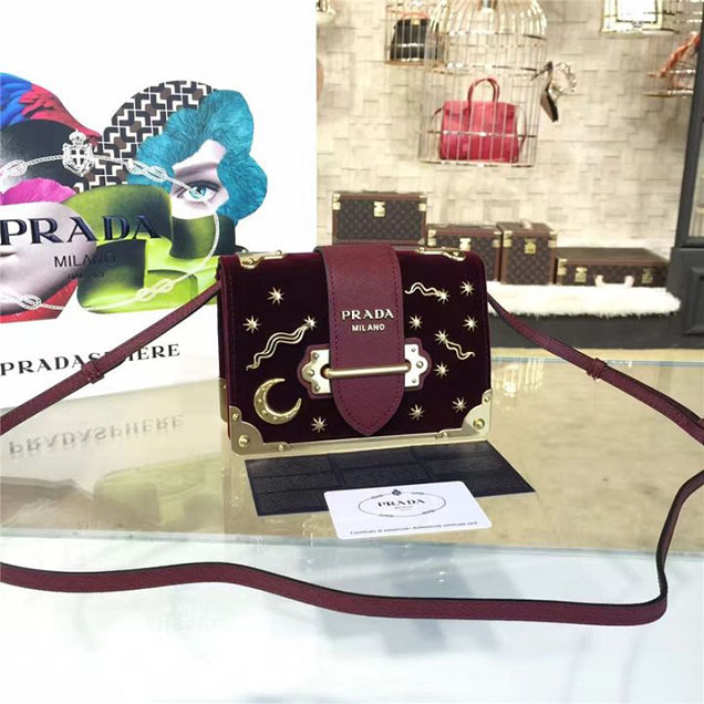 Prada Cahier Astrology Shoulder Bag Suede Calfskin Leather 18cm Fall Winter 2016 Bag Collection Burgundy