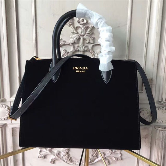 Prada Bibliotheque Tote Bag 30cm Suede Calfskin Leather Fall Winter 2017 Bag Collection Black Black
