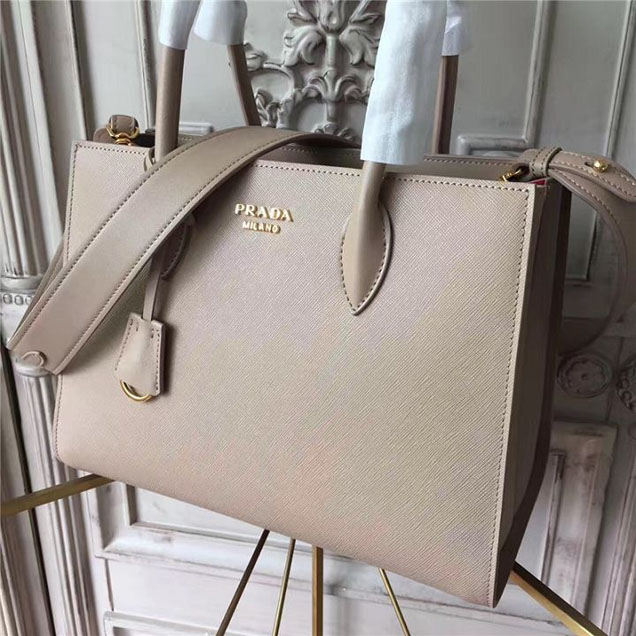 Prada Bibliothèque Saffiano 30cm Bag 1BA153 Calfskin Leather Fall Winter 2017 Bag Collection Beige Red
