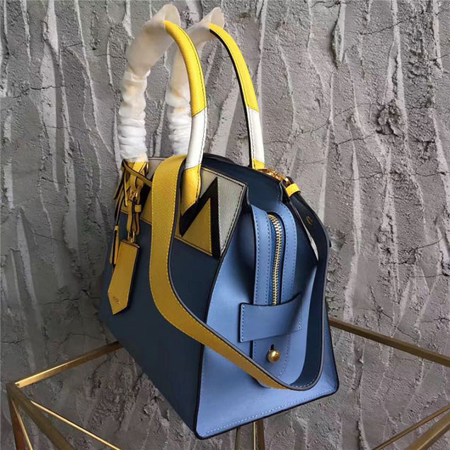 Prada Paradigme Saffiano 30cm Bag 1BA103 Calfskin Leather Fall Winter 2017 Bag Collection Astral Blue Sunny Yellow