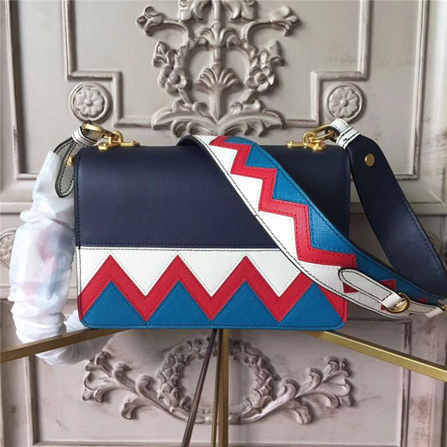 Prada Esplanade Saffiano Shoulder Flap Bag 22cm 1BH049 Calfskin Leather Fall Winter 2017 Bag Collection Baltic Blue Red