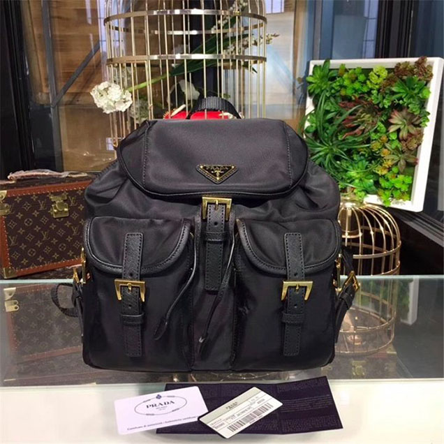 Prada Nylon Fabric Single Handle Backpack 28cm Bag 1BZ677 Calfskin Leather Fall Winter 2017 Collection Black