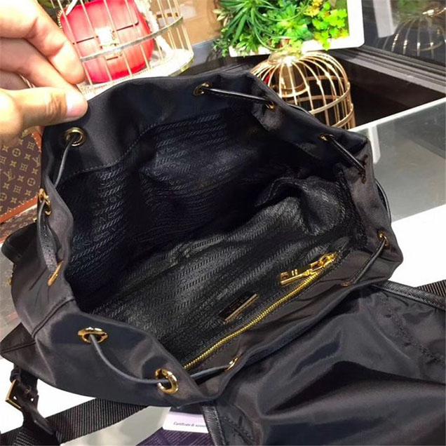 Prada Nylon Fabric Single Handle Backpack 28cm Bag 1BZ677 Calfskin Leather Fall Winter 2017 Collection Black