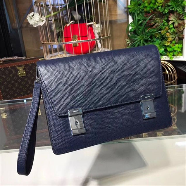 Prada Saffiano Leather Flap Bag 25cm Bag 2VF013 Calfskin Leather Fall Winter 2017 Collection Navy Blue