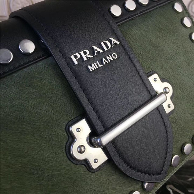 Prada Pionnière Studded with Calf Hair 20cm Shoulder Bag Calfskin Leather Fall Winter 2017 Collection Olive Green