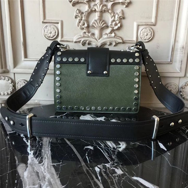 Prada Pionnière Studded with Calf Hair 20cm Shoulder Bag Calfskin Leather Fall Winter 2017 Collection Olive Green