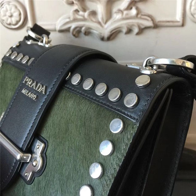 Prada Pionnière Studded with Calf Hair 20cm Shoulder Bag Calfskin Leather Fall Winter 2017 Collection Olive Green