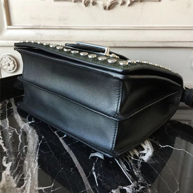 Prada Pionnière Studded with Calf Hair 20cm Shoulder Bag Calfskin Leather Fall Winter 2017 Collection Olive Green