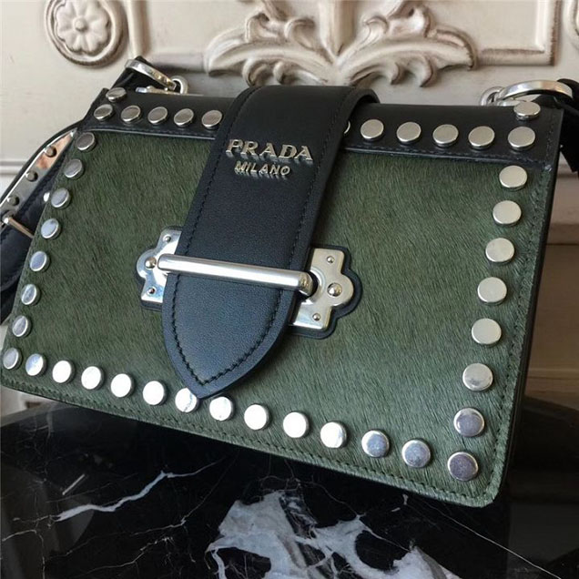 Prada Pionnière Studded with Calf Hair 20cm Shoulder Bag Calfskin Leather Fall Winter 2017 Collection Olive Green