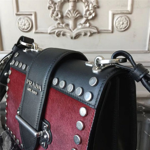 Prada Pionnière Studded with Calf Hair 20cm Shoulder Bag Calfskin Leather Fall Winter 2017 Collection Burgundy