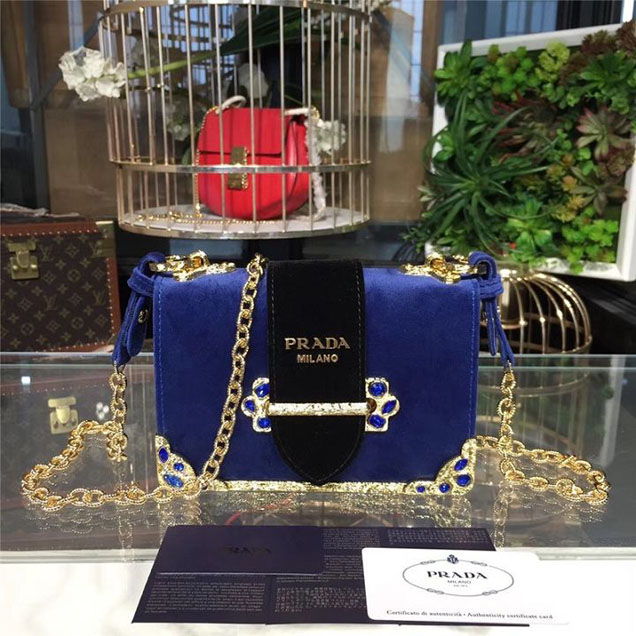 Prada Cahier Crystal-Embellished Velvet Shoulder Bag 18cm Calfskin Leather Fall Winter 2017 Bag Collection Electric Blue