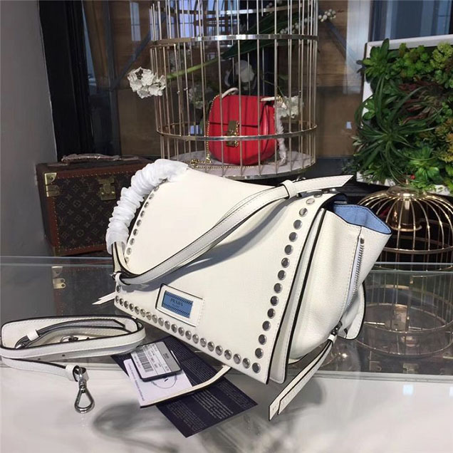 Prada Etiquette Studded Shoulder Bag 28cm 1BD085 Calfskin Leather Fall Winter 2017 Collection White