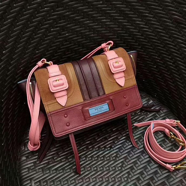 Prada Etiquette Small Glace Calf Shoulder Bag IBD093 Ruby Red Lotus Pink