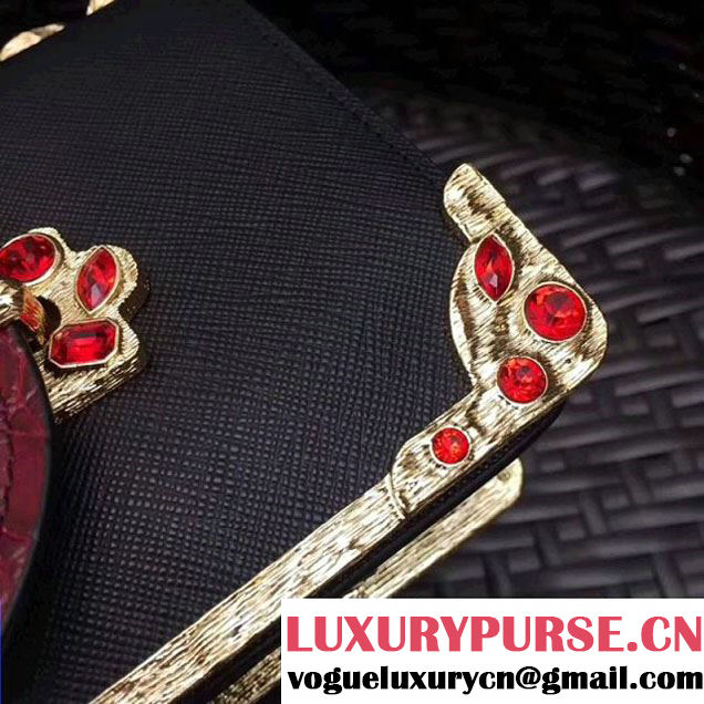 Prada Cahier Leather Shoulder Bag With Crystals 1BH018 Black/Burgundy 2017 (GYF-7120813 )