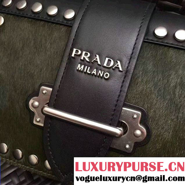 Prada Cahier Studded Calf Hair Bag 1BD045 Black/Green 2017 (GYF-7120825 )