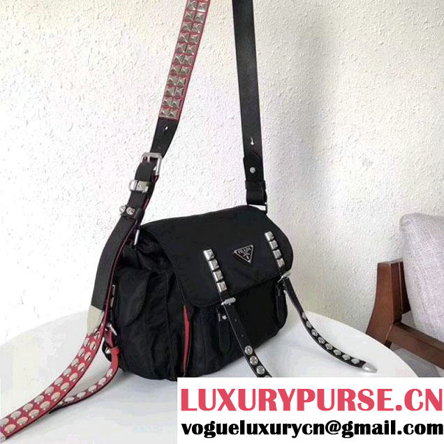 Prada Studded Nylon Shoulder Bag Black/Red Spring 2018 (GYF-8011236 )