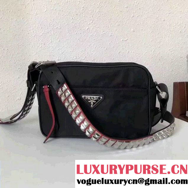 Prada Studded Nylon Camera Bag Black/Red Spring 2018 (GYF-8011233 )
