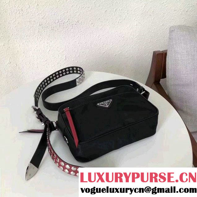 Prada Studded Nylon Camera Bag Black/Red Spring 2018 (GYF-8011233 )