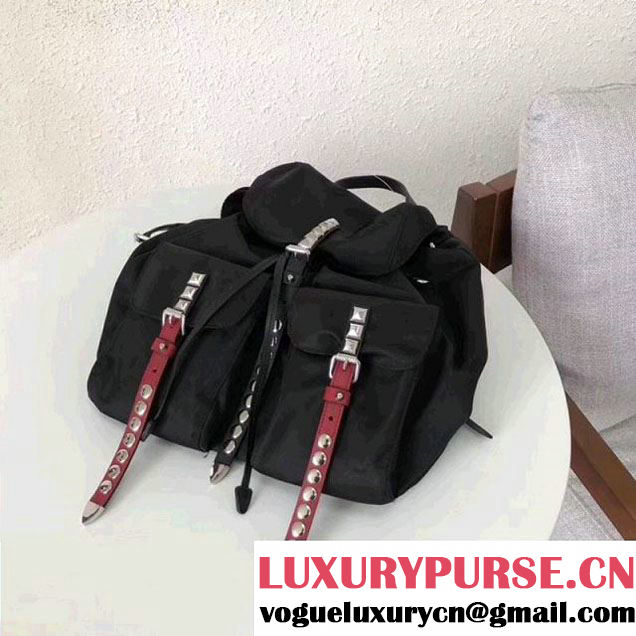 Prada Studded Nylon Backpack Bag Black/Red Spring 2018 (GYF-8012710 )