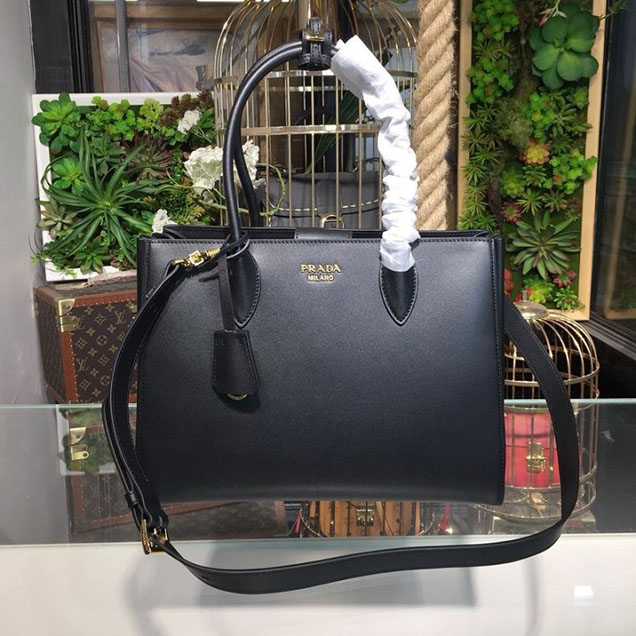Prada City Calf Bibliotheque Tote 32cm Bag 1BG098 Calfskin Leather Spring Summer 2018 Collection Black