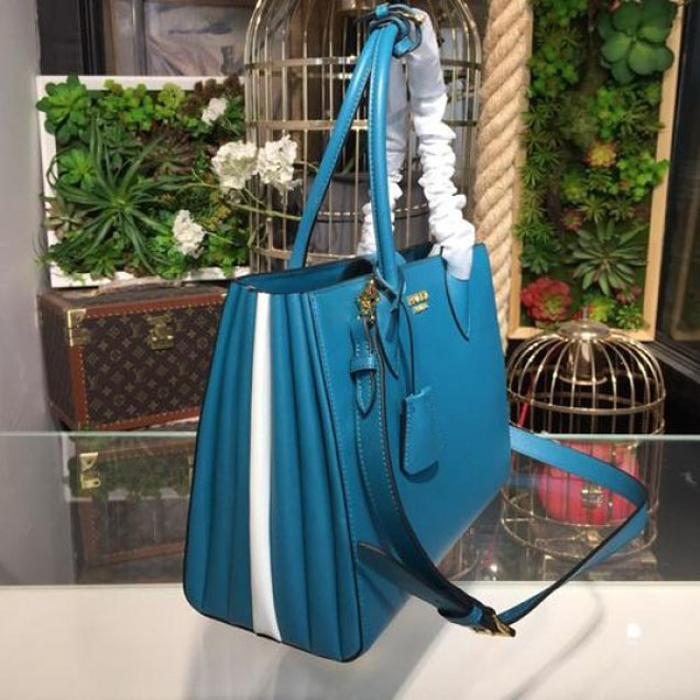 Prada City Calf Bibliotheque Tote 32cm Bag 1BG098 Calfskin Leather Spring/Summer 2018 Collection, Blue/White