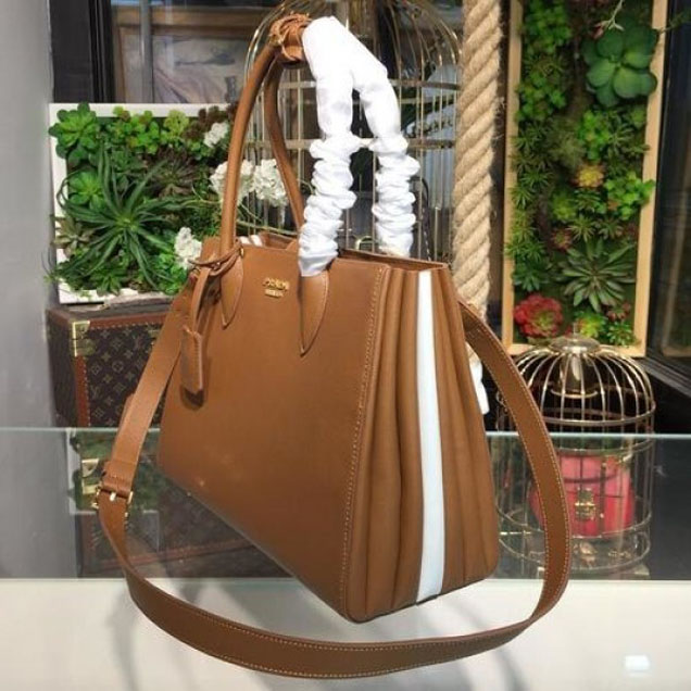 Prada City Calf Bibliotheque Tote 32cm Bag 1BG098 Calfskin Leather Spring/Summer 2018 Collection, Brown/White