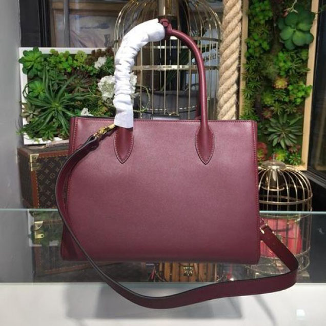 Prada City Calf Bibliotheque Tote 32cm Bag 1BG098 Calfskin Leather Spring/Summer 2018 Collection, Burgundy/Black