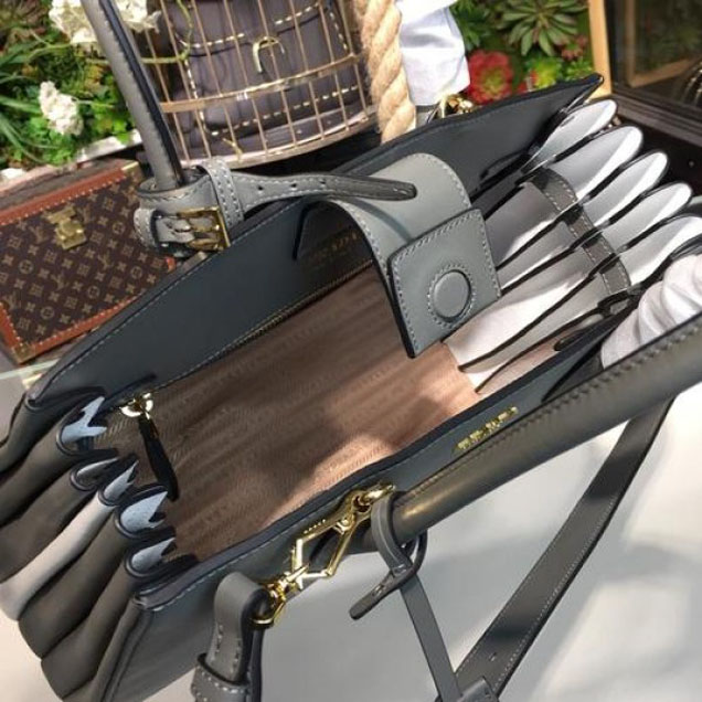 Prada City Calf Bibliotheque Tote 32cm Bag 1BG098 Calfskin Leather Spring/Summer 2018 Collection, Grey/White