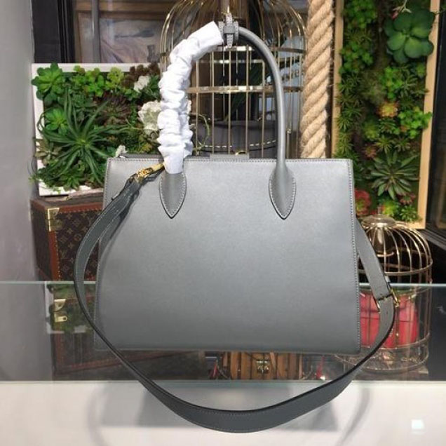 Prada City Calf Bibliotheque Tote 32cm Bag 1BG098 Calfskin Leather Spring/Summer 2018 Collection, Grey/White