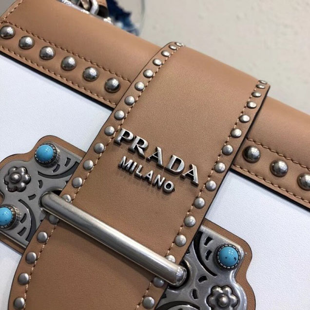 Prada Studded Cahier Calf Leather Shoulder Bag 1BD045 White/Caramel 2018