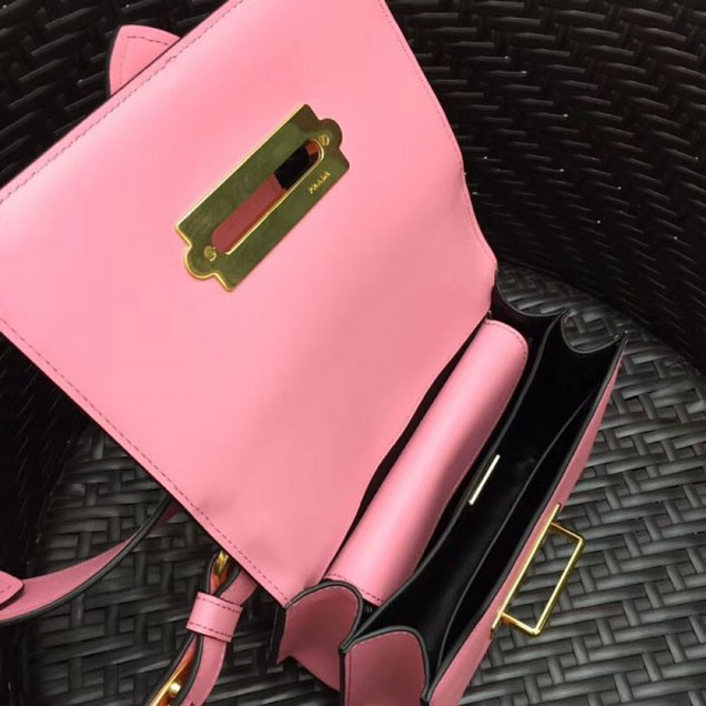 Prada Woven Straw And Leather Cahier Shoulder Bag 1BD045 Beige/Pink 2018