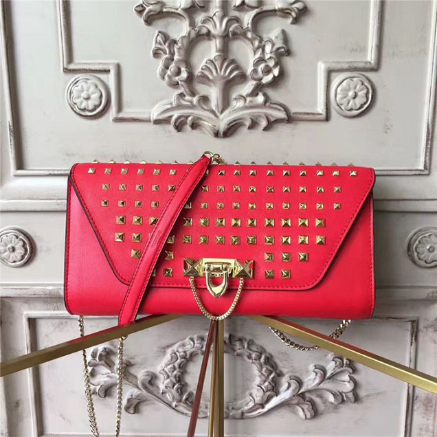 Valentino Garavani Demilune Studded Chain Clutch Bag Calfskin Leather Pre-Fall 2017 Bag Collection Red