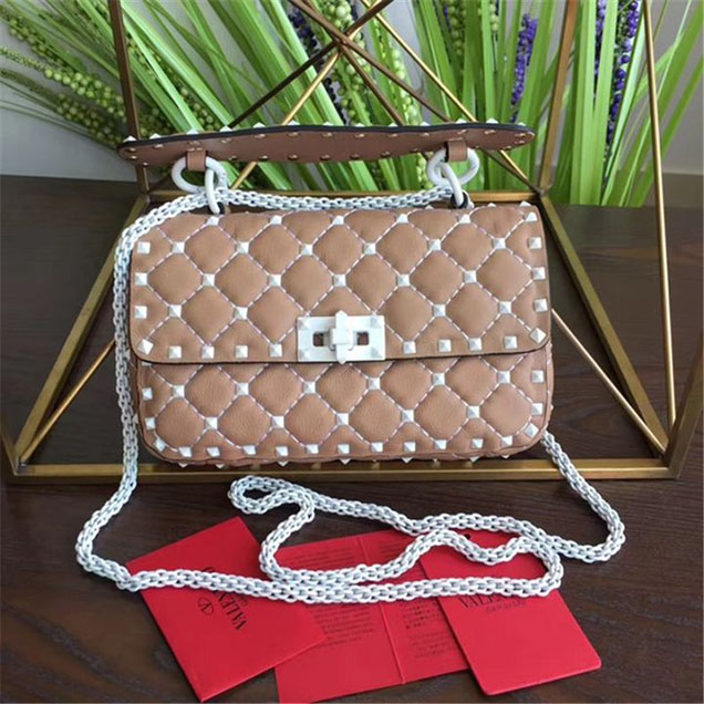 Valentino Garavani White Spike Rockstud Small Shoulder 20cm Bag Calfskin Leather Fall Winter 2017 Collection Tan
