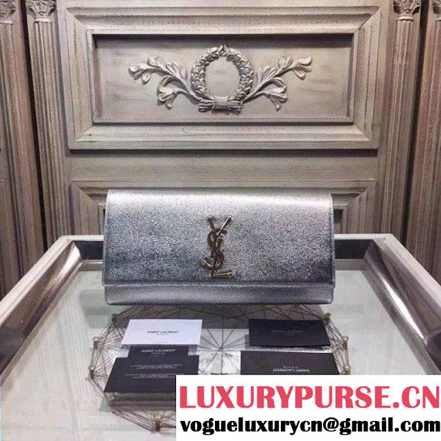 Saint Laurent Classic Monogram Clutch 326079 in Silver Grained Leather (1a130-071706 )