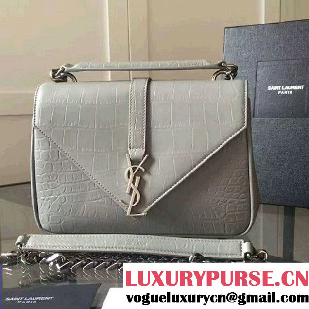 Saint Laurent Classic Medium Monogram College Bag In Crocodile Pattern Calfskin Gray 392737 (KLY-6092208 )