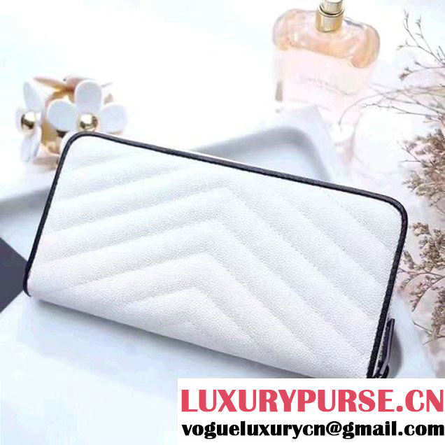 Saint Laurent Long Zip Around Wallet In Grain De Pouder Calfskin 358094 White/Black 2017 (1A130-7011213 )