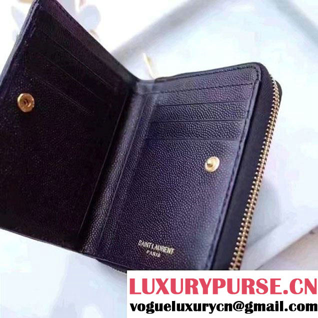 Saint Laurent Compact Zip Around Wallet In Grain De Pouder Calfskin 403723 Black 2017 (1A130-7011217 )