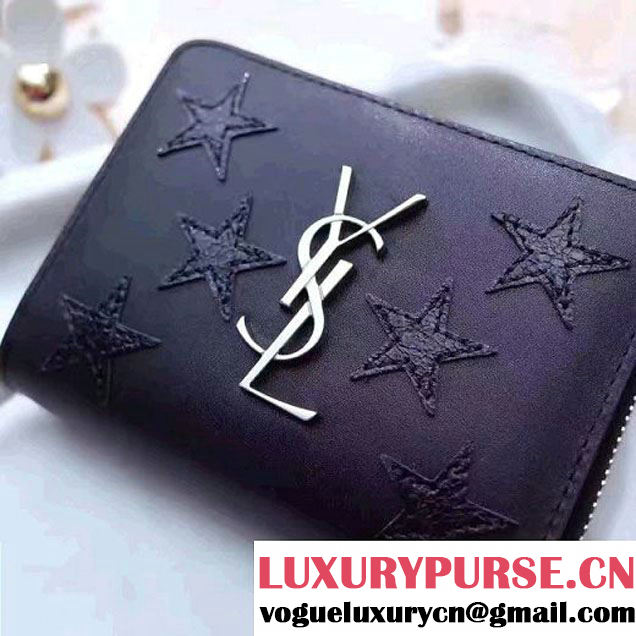 Saint Laurent Compact Zip Around Wallet In Black Smooth Calfskin With Star 403723 2017 (1A130-7011218 )